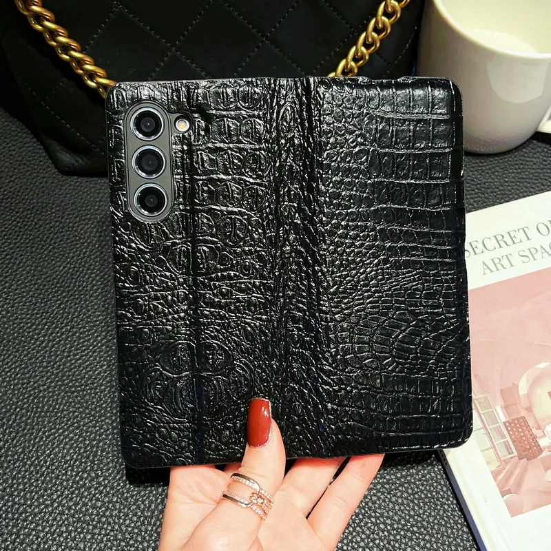 

Suitable for Samsung Z Fold5 bracket flip phone case leather case protective cover crocodile pattern case