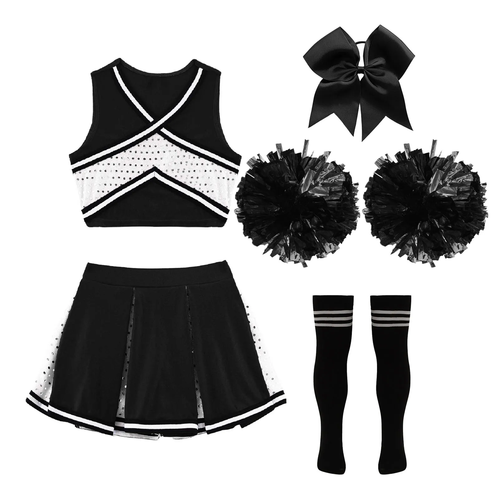 Kids Girls Cheerleader Costume Outfit Set Halloween Cosplay Party Cheerleading Team Sports Dance Stage Performance Fancy Dress