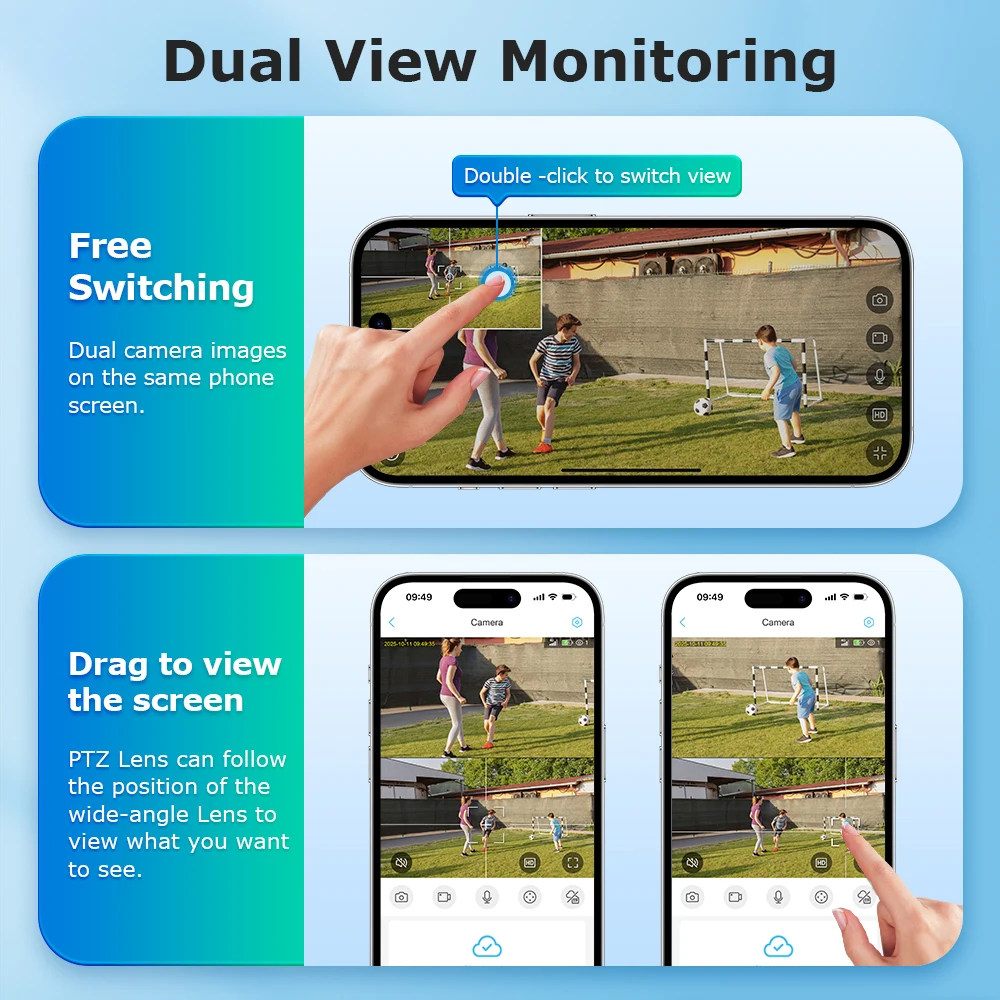SHIWOJIA 6MP Dual Lens Solar Camera AOV 24/7 Recording 4G PTZ Camera PIR Human Detection Auto‑Tracking Two‑Way Audio IP65 UBox