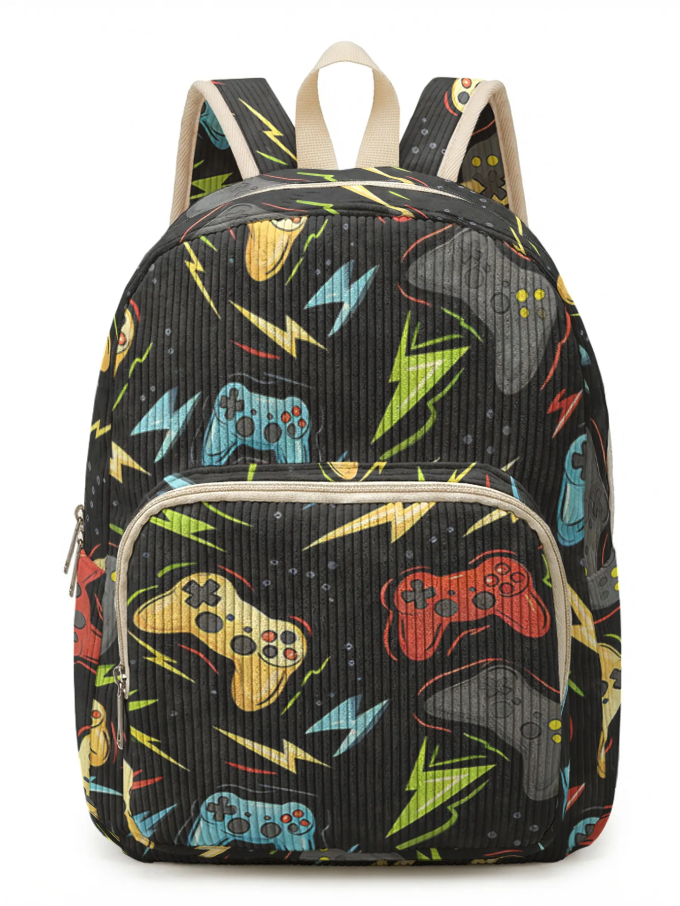 

Gaming Controller & Lightning Print Women Fashion Backpack Corduroy Multi-pocket Large Capacity Commuter Bag