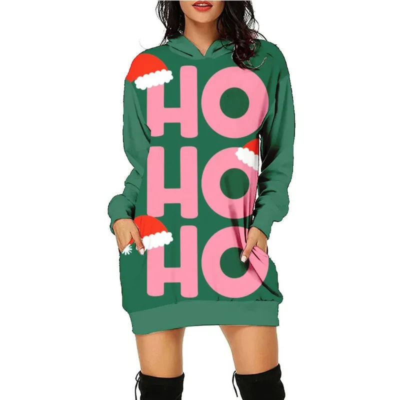 Autumn Winter Women's Pullover Hooded Contrast Letter Cartoon Print Christmas Lantern Long Sleeve Loose Fashion Casual Dress