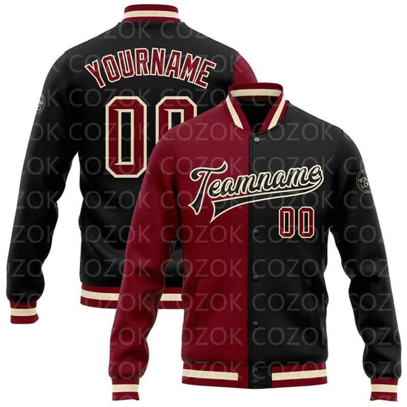 Custom Red splice 3D Printed Baseball Button Jacket Bomber Full-Snap Varsity Letterman Jacket