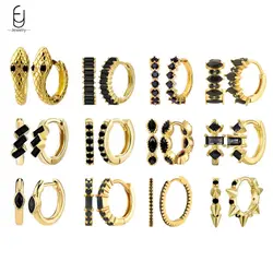 Black Zircon Hoop Earrings 925 Sterling Silver Ear Needle Fashion Geometric Round Gold Silver Earrings for Women Fine Jewelry