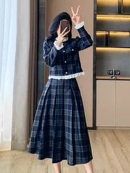 New Luxury Autumn Plaid Two Piece Set Designer Women Ruffles Single Breasted Short Tops + High Waist A Line Pleated Skirts Suits