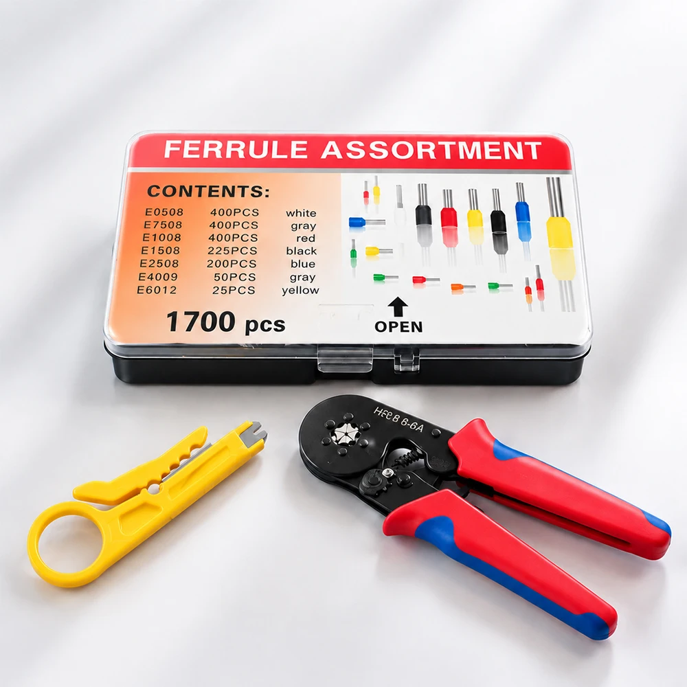 1700PCS Ferrule Crimping Tool Kit HSC8 6‑6A Ratchet Crimper Pliers with Wire Stripper VE Tubular Wire Terminal Connectors Assort