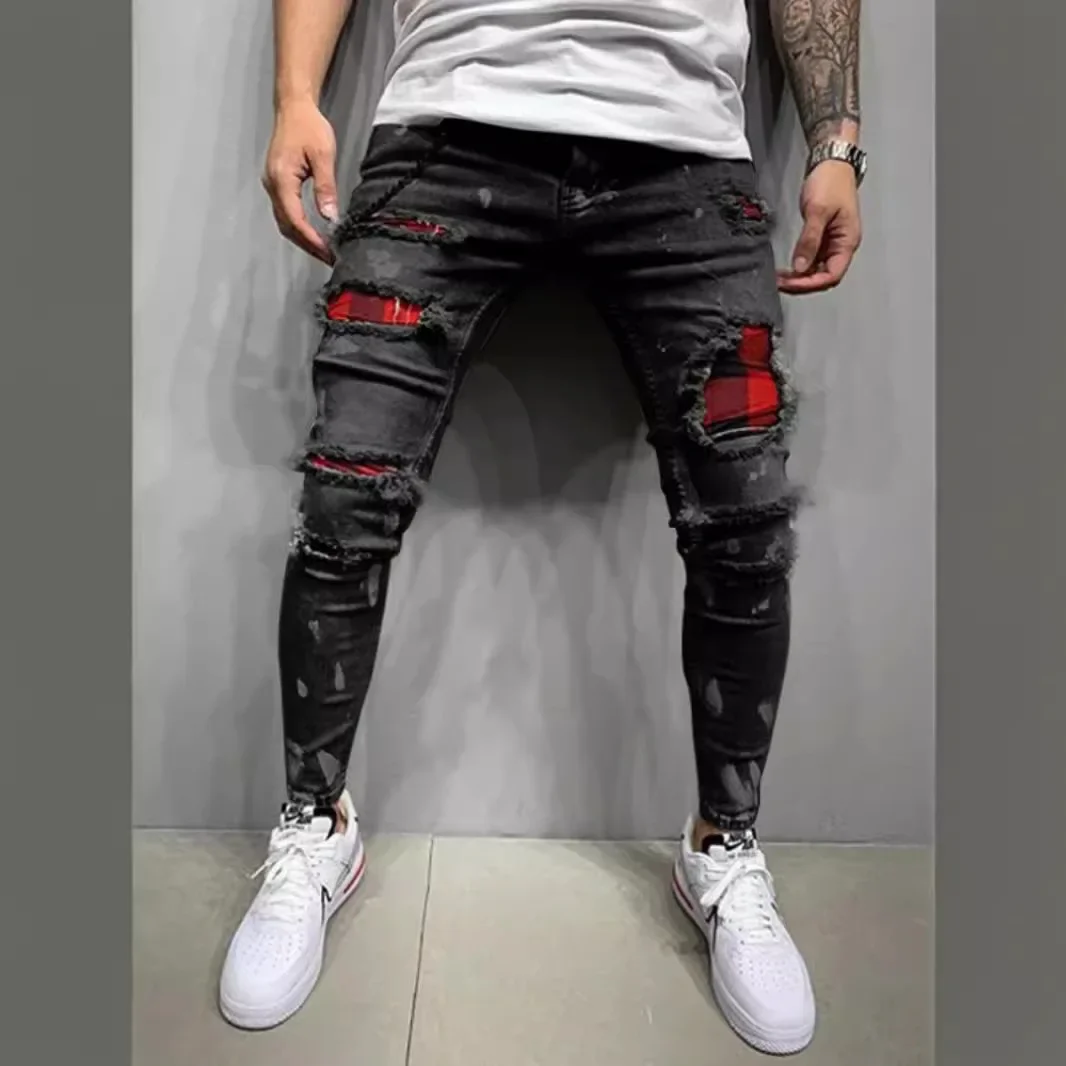 2025 Jeans Pencil Pants Holes Distressed Men Streetwear Denims Patchwork Mid Waist Slim Fit Washed Denim Ankle Length Trousers