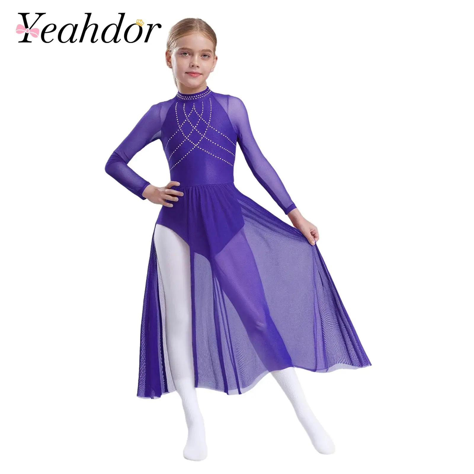 Kids Girls Ballet Dress Lyrical Dance Costume Sheer Mesh Modern Dancewear Flowy Split Dress Long Sleeve Leotard Skating Dresses