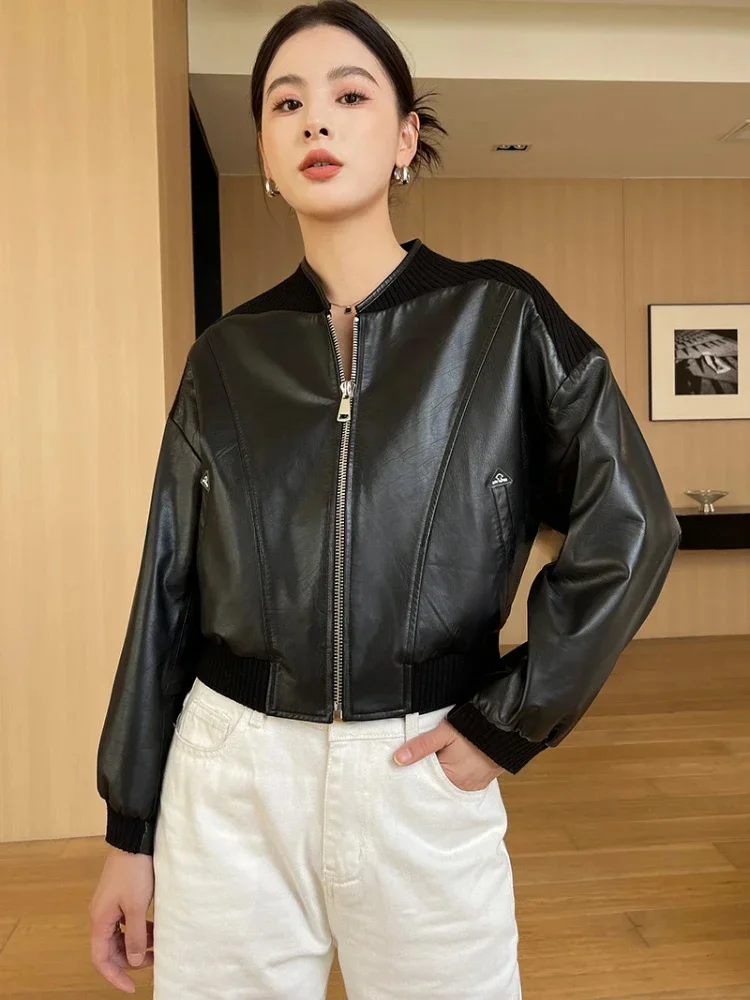 Genuine Patchwork Leather Jacket for Women 2024 Trend High-end Real Cowhide Cropped Motorcycle Zipper Bomber Coat