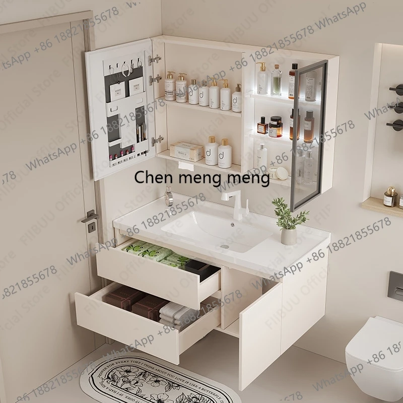 

Настенный комплект для ванной комнаты: тумба с интегрированной керамической раковиной и умным зеркальным шкафом-комодом для хранения и организации пространства