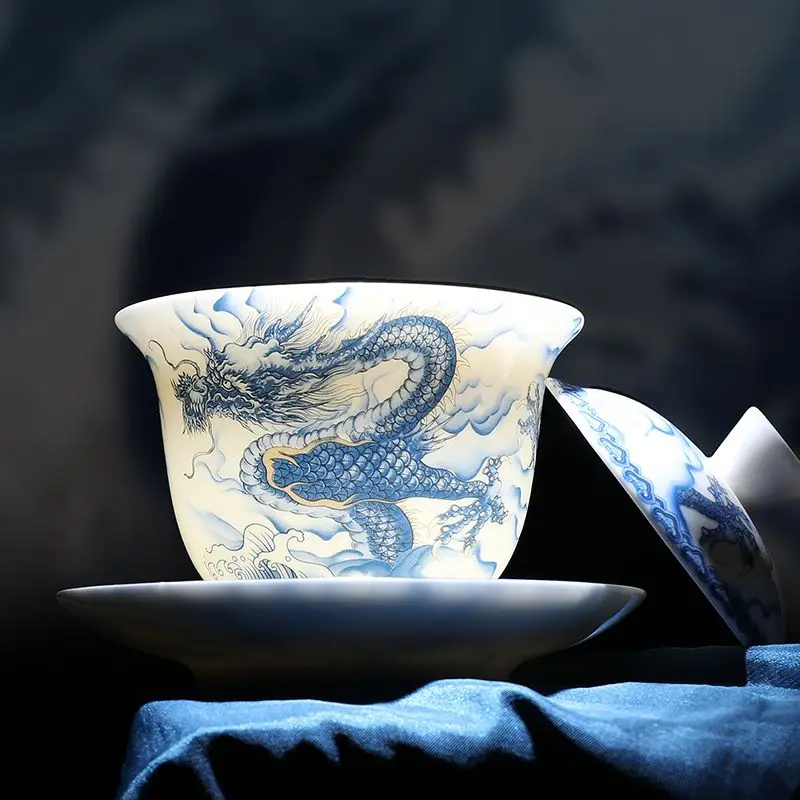 Suet Jade weißes Porzellan drei Talente decken Schüssel Qinglong Muster Verbrühungsschutz Kung Fu Teeset Haushalt große Teeschüssel