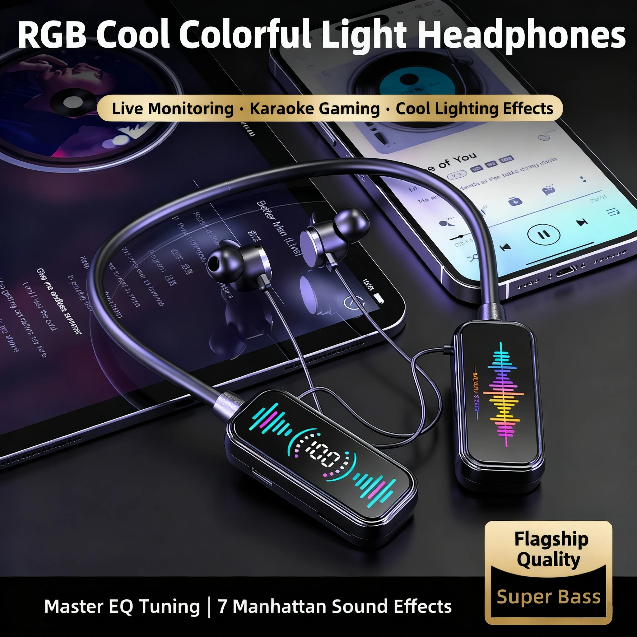 olor Screen Bluetooth 5.4 Earphones Neckband Headphones Wireless Headsets Noise Reduction Earbuds for Live Earphone Monitor