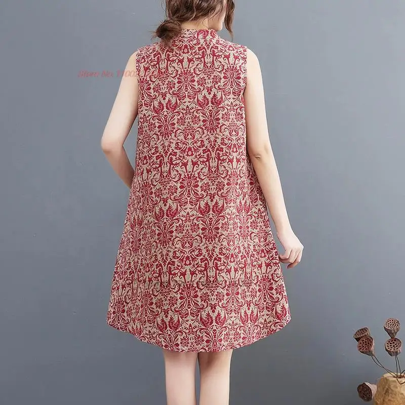 2025 chinese traditional cheongsam women cotton linen qipao dress national flower print sleeveless dress retro folk a-line qipao