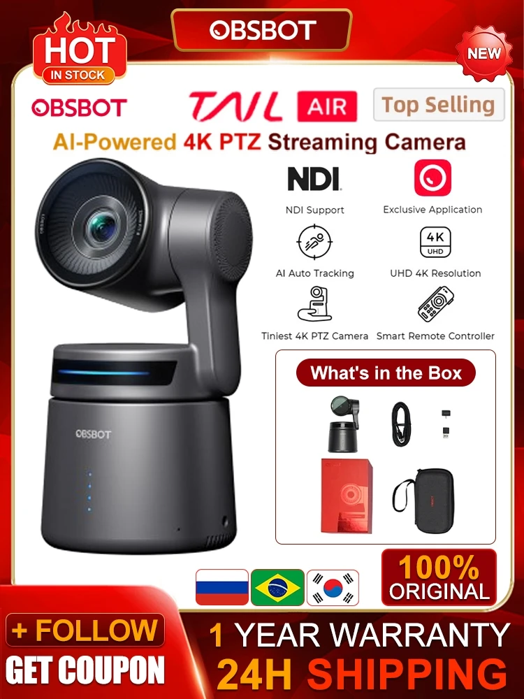 Camra de Streaming OBSBOT Tail Air NDI 4K, camra PTZ de suivi AI avec contrle gestuel par application, Webcam HDMI/USB-C/sans fil pour le flux