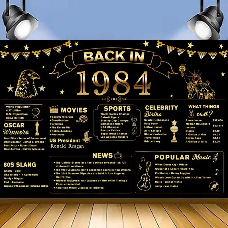 Back in 1984 Backdrop Banner 40th Birthday Party Supplies Black Gold Background For Women Men 40 Years Old