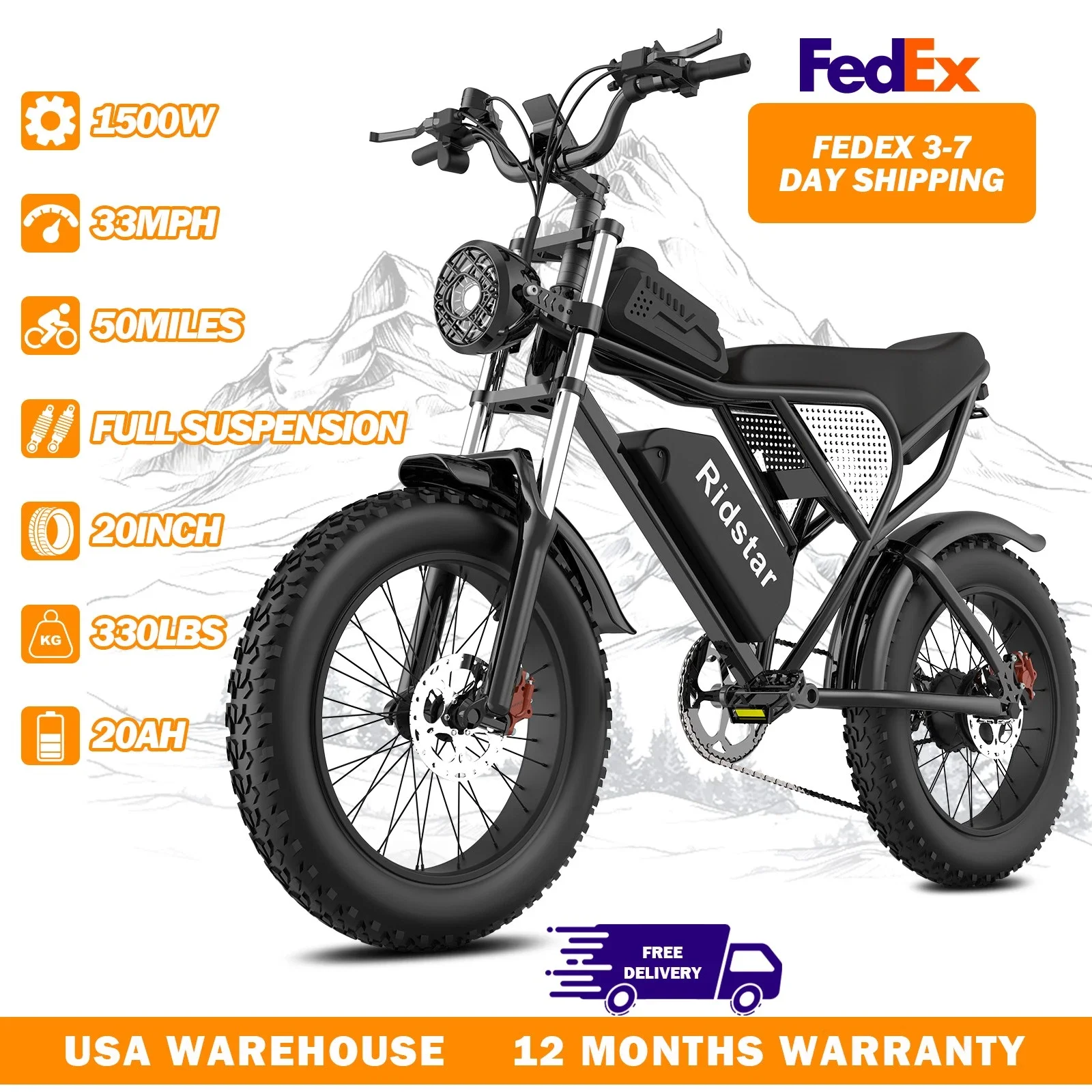 

Ridstar 1500W 48V 20Ah Electric Bike MTB 20" All-weather Ebike Free Shipping City Commuter Off-road High-Speed 90% Pre-Assembled