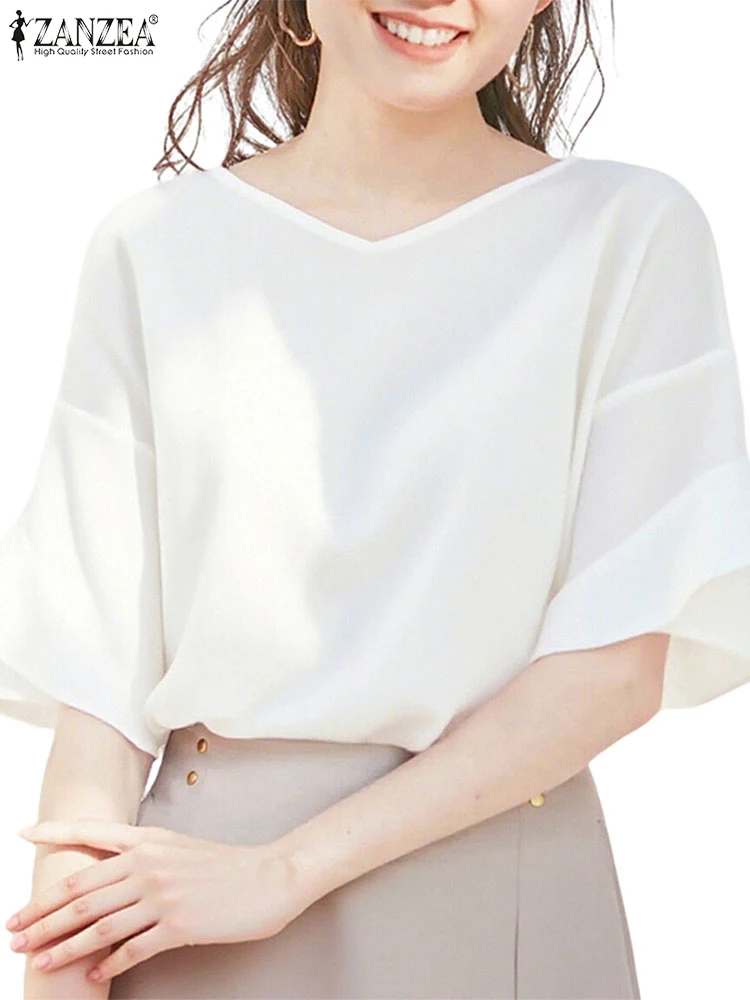 ZANZEA 2025 Summer Women Fashion Blouse Sexy V-Neck Solid Color Shirt Short Sleeve Ruffle Elegant Tunic Tops Casual Loose Blusas