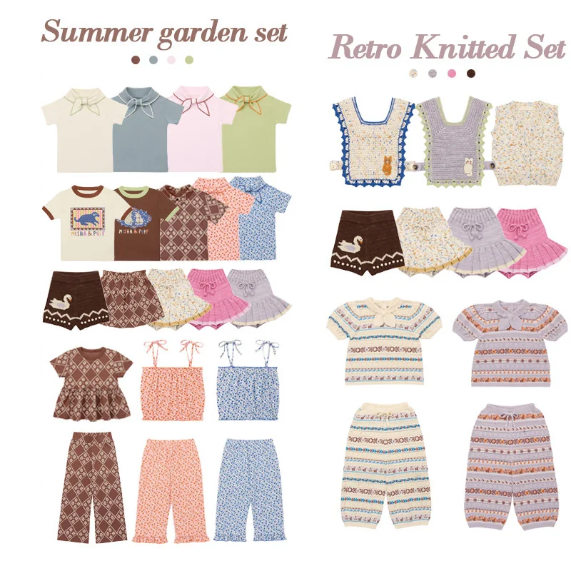 

Предзаказ: Комплект для девочек Весна-Лето 2026 в стиле MP Retro Rural: вязаный жилет и юбка из окрашенной пряжи Popcorn, футболка с завязками, брюки и шорты