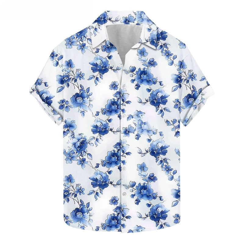 

Men's Vintage Blue Flower Summer Short Sleeve Shirt Hawaiian Short Sleeve Shirt Print T-Shirts Oversized Tees Shirt Men Clothing