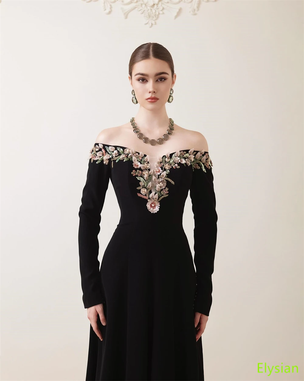 Customized  Graceful Black Jersey Evening Dress Boat Neck Off the Shoulder Long Sleeves Celebrity Gowns Special Occasion Gowns