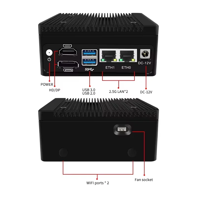 Partaker Fanless Mini PC N100 12th Gen 4 Port 2.5G LAN Firewall Router DDR5 NVMe SSD OPNsense pfSense HDMI Silent Computer