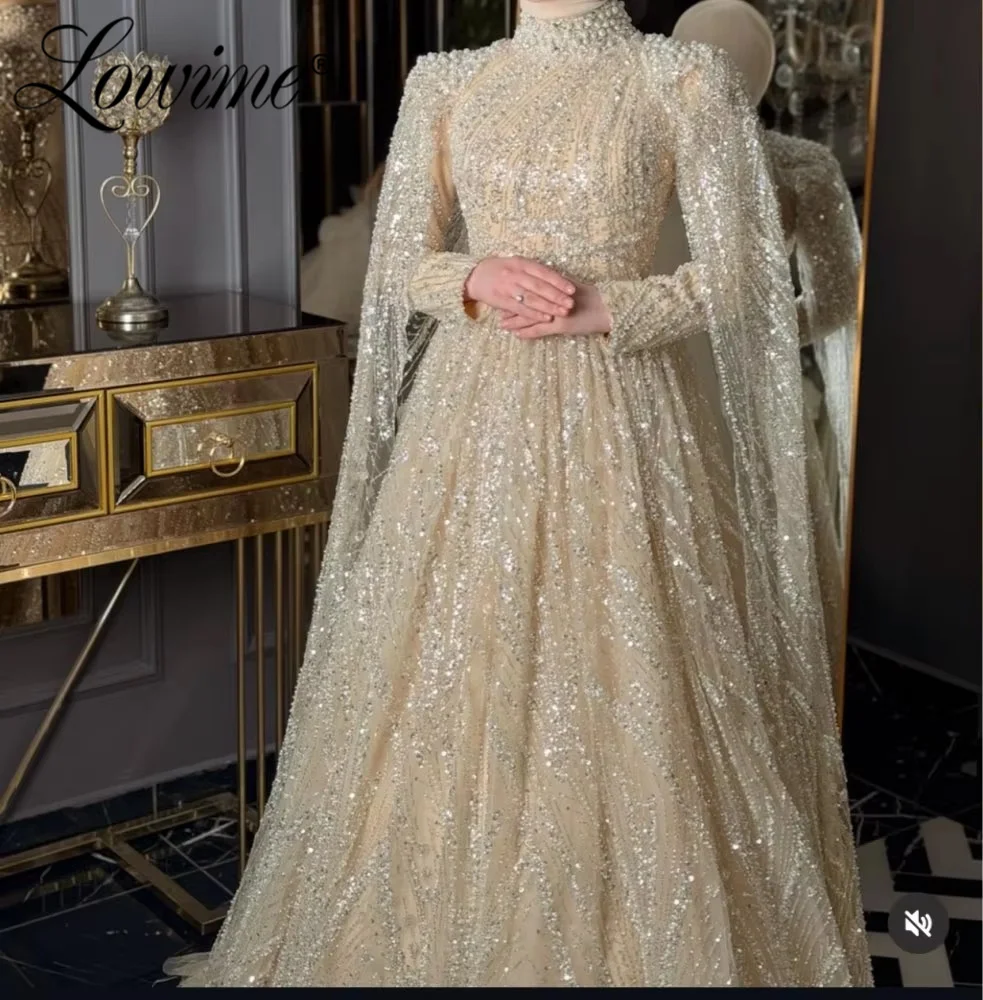 muslim evening dress Pearl Light Champagne Gown Customized Cape Sleeves Beaded Arabic Party Dresses A Line Long Prom Pageant Turkish Color:City Chic RSC-11PL SHEIN Clasi Women's Solid have dress.