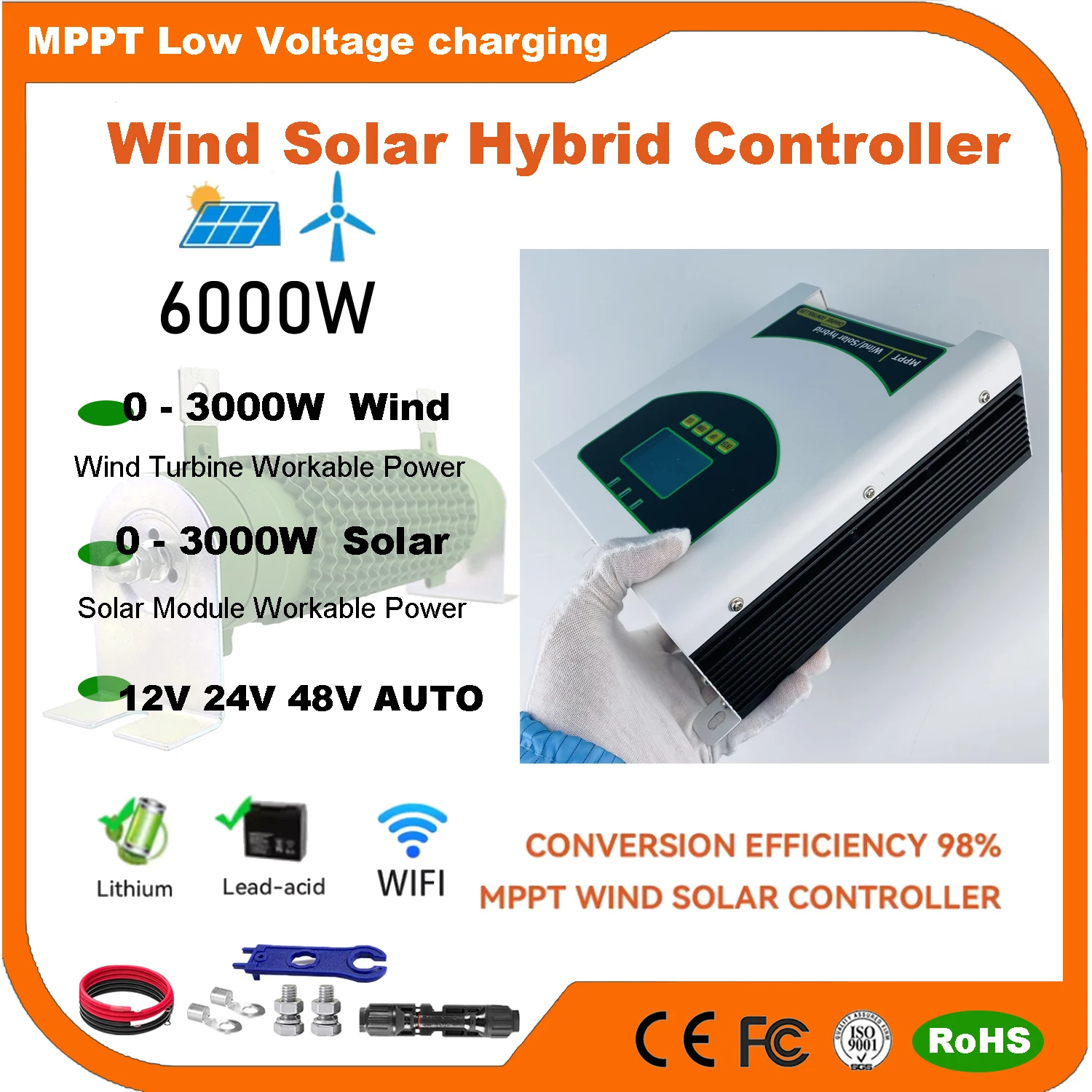 

4000 Вт 12 В 24 В 48 В MPPT контроллер заряда солнечной энергии ветровой солнечный гибридный контроллер заряда регулятор для Lifepo4 лития для турбины PV