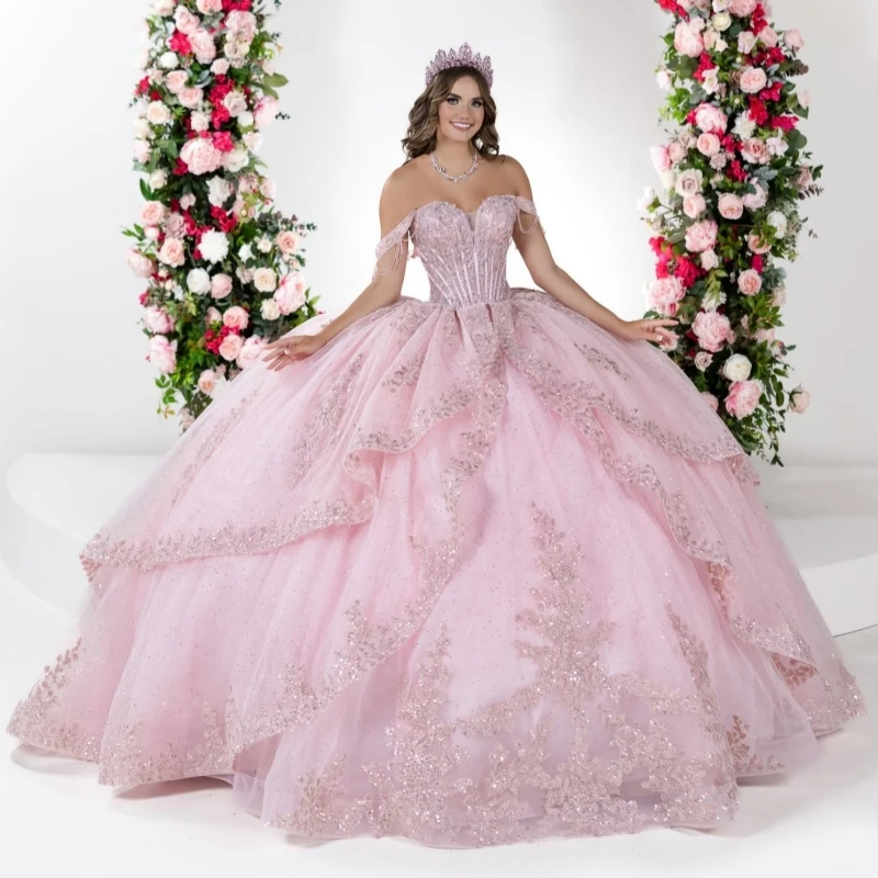 

Light Pink Shiny Quinceanera Dresses Off The Shoulder Applique Lace Beads Bow Tull Party Birthday Sweet 16 Dress Vestidos 15 de