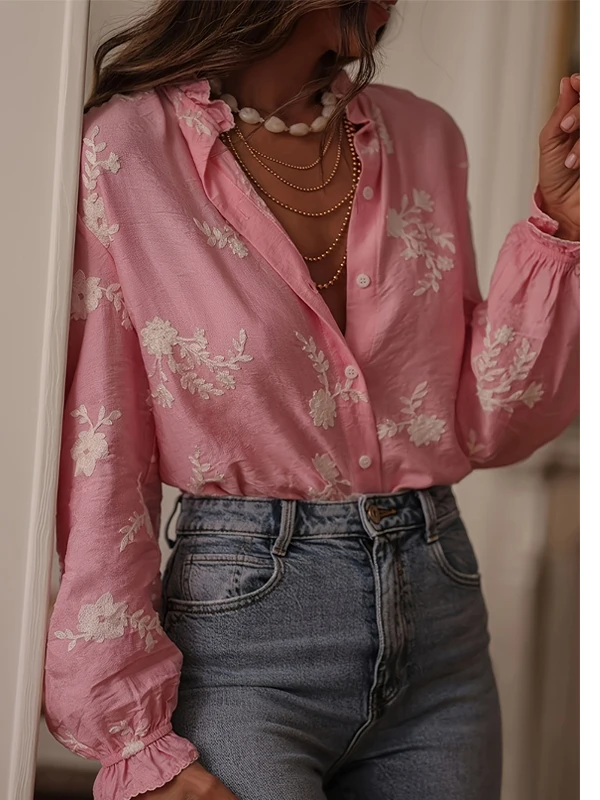 

Retro Embroidered Loose Fit Casual irt Women's Spring Summer New Sle Lantern Sve Button up Top Versatile for Holiday