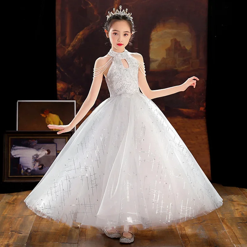 

Elegant Girls Christmas Dress White Tulle Sequin Bridesmaid Kids Clothes Children Long Princess Party Wedding Communion Vestidos