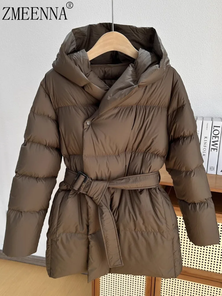 

ZMEENNA женская теплая коричневая пуховая куртка с капюшоном и завязкой на талии с поясом, зимняя верхняя одежда, пальто в повседневном стиле ZM4548