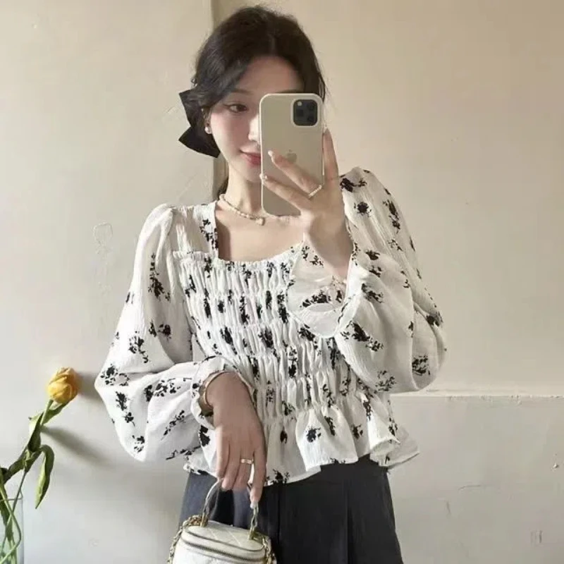 Square Collar Floral Shirt Women Shirt Fashionable Long Sleeve Printed High Waist Top Trendy