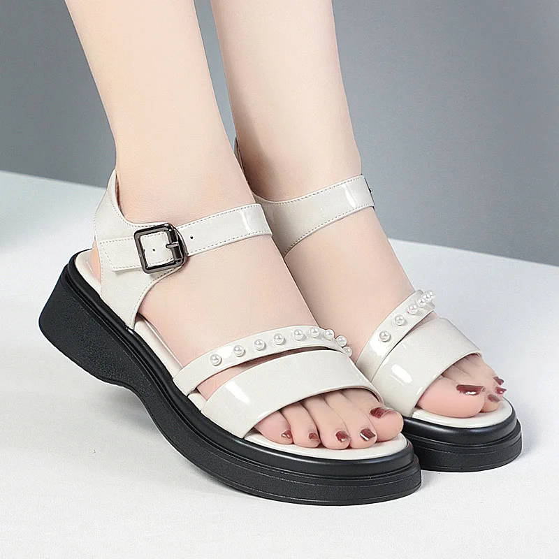 

Mid-heel Patent Leather Sandals Pearl Casual Korean Women's Soft Leather Sandals All-in-one Thick Sole Female Summer Shoes