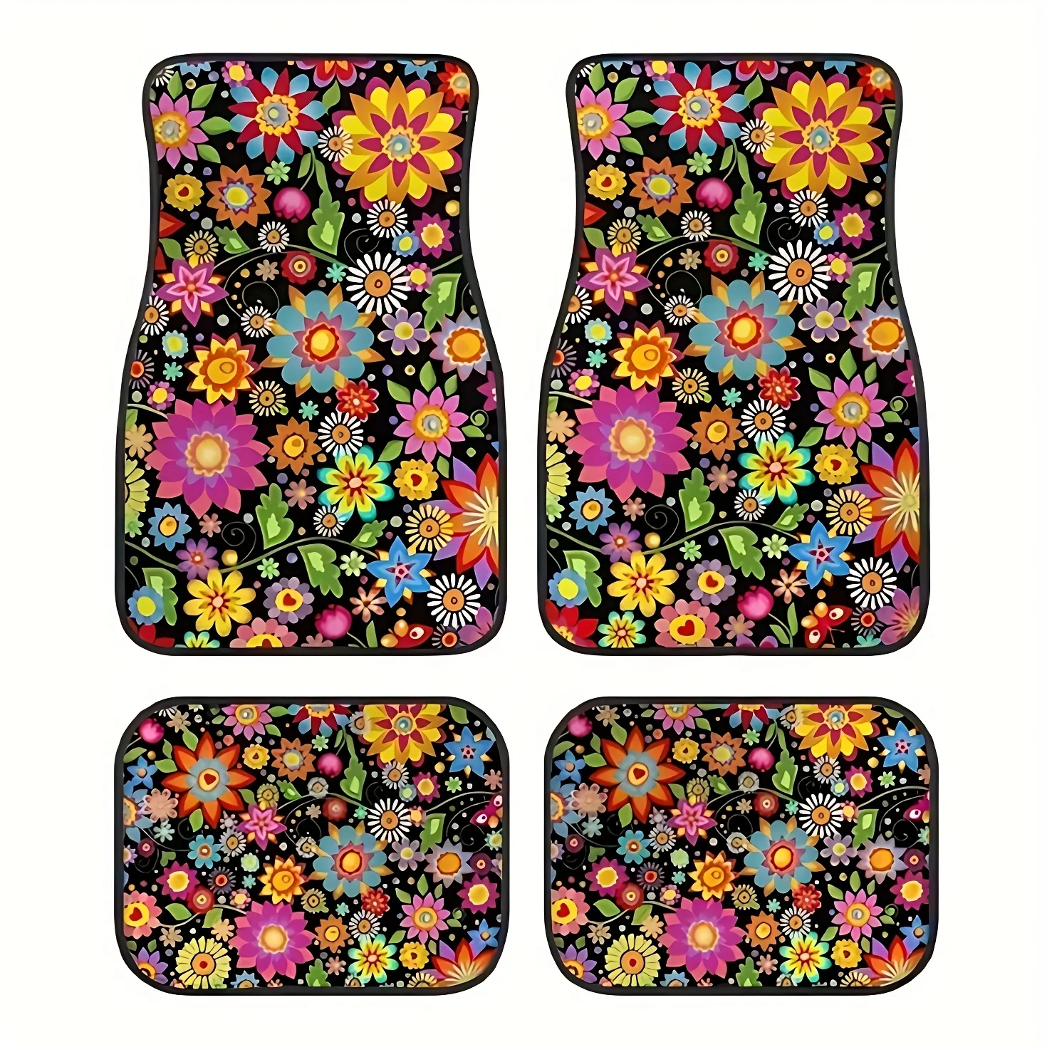 

4pcs Vibrant Floral Pattern Car Floor Mats - Non-Slip Polyester Mat With Colorful Flowers & Leaves Design, Perfect For Sedans, S