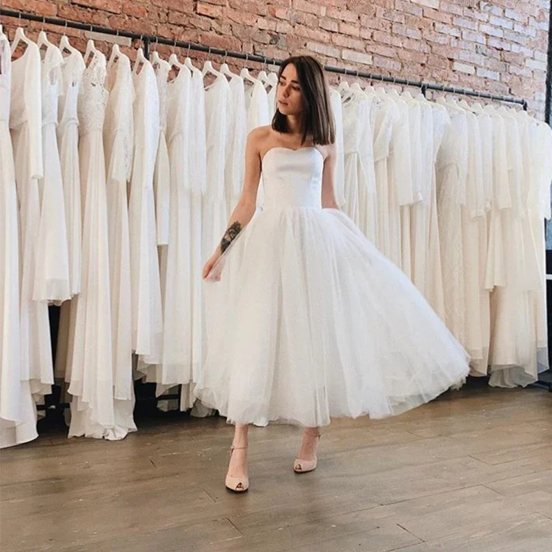 Simple Tea Length Wedding Dress Cheap White Ivory Short Vestido De Novia Custom Made  Bridal Wedding Dresses four season Wedding