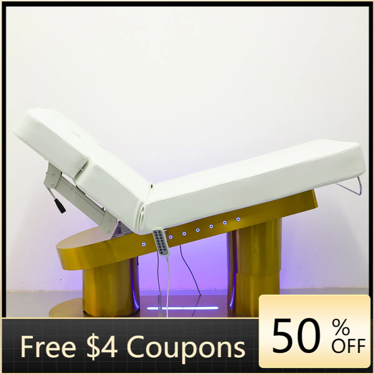 Luxury Electric Facial Bed White PU with Face Hole Golden Double Cylinder Base LED Ambient Light Adjustable Backrest Beauty Mass