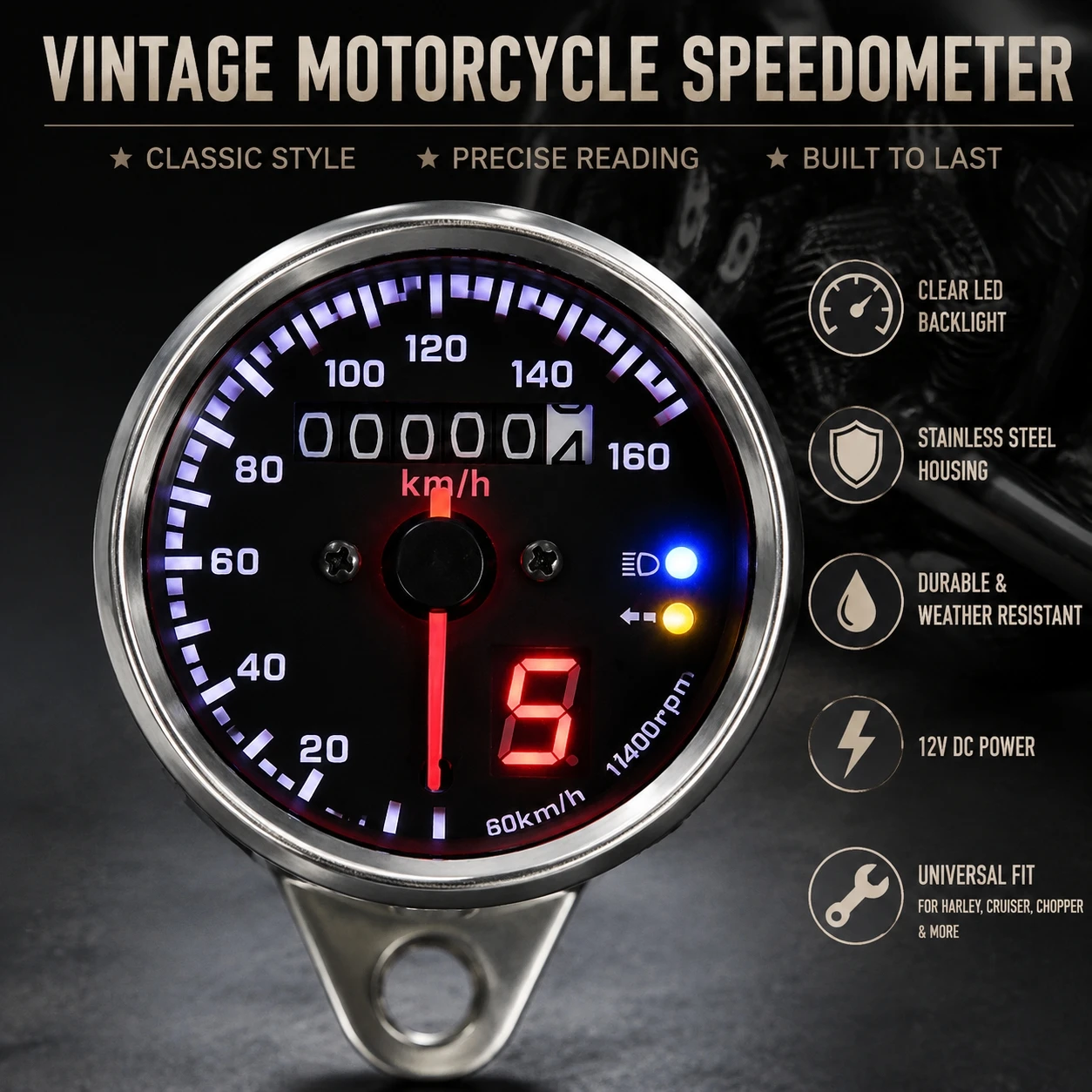 12V Universal Motorcycle Round Speedometer Odometer Gear Position Indicator LED Backlight Stainless Steel Shell 0-160KM/H Analog