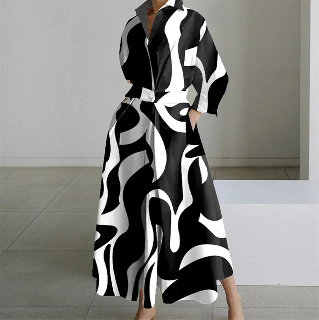 Plus Size Sukienka dla kobiet Letnia elegancka koszula z klapami i obrazem olejnym Sukienka Vestidos Casual 3/4 Rękaw Sukienka Party Vestido