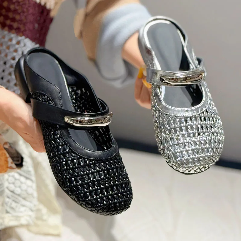 High Quality Fashion Women Mesh Hollow Out Backless Loafers Slip On Flat Casual Ladies Walking Lazzy Slides Buckle Slippers