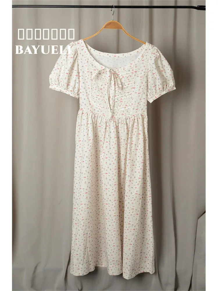 เดรสทรงเอวสูงสไตล์อเมริกันย้อนยุค ลายดอกไม้ แขนพองทรงบับเบิ้ล ความยาวปานกลาง ผ้าฝ้ายใส่สบาย ระบายอากาศได้ดี...