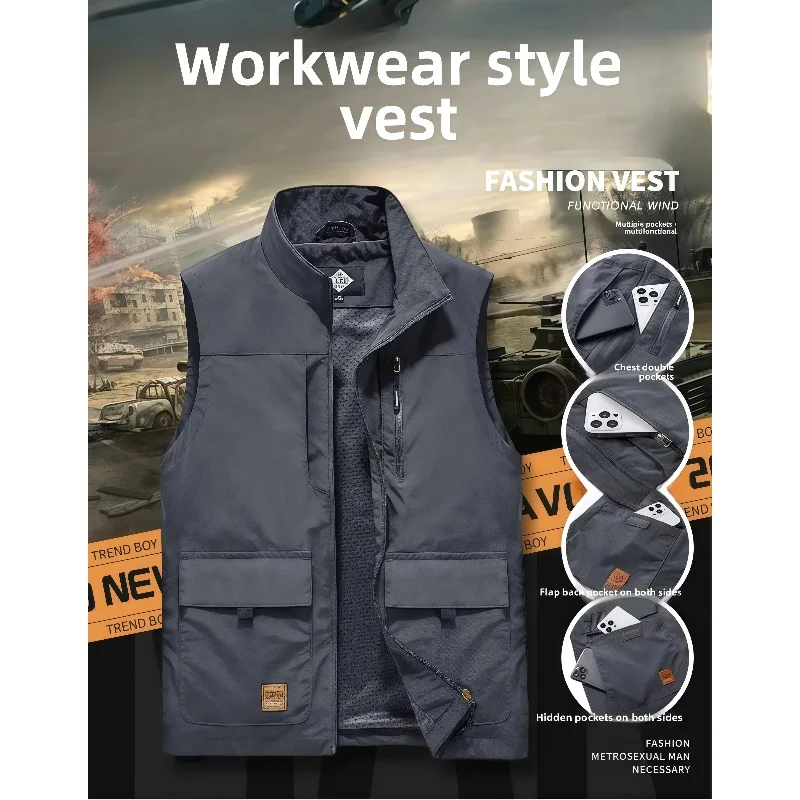 New Men's Vest Spring Autumn Multi-Pocket Shoulder Patch Outdoor Fishing Photography Workwear Group Buy Jacket Vest Loose Fit
