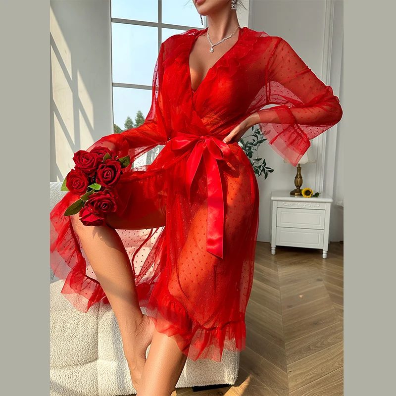 

Sexy Women Nightwear Polka Dot Mesh Robe 3 Pieces Pajamas Sets See Through Ruffles Boudoir Night Dress Long Sleeve Home Suit