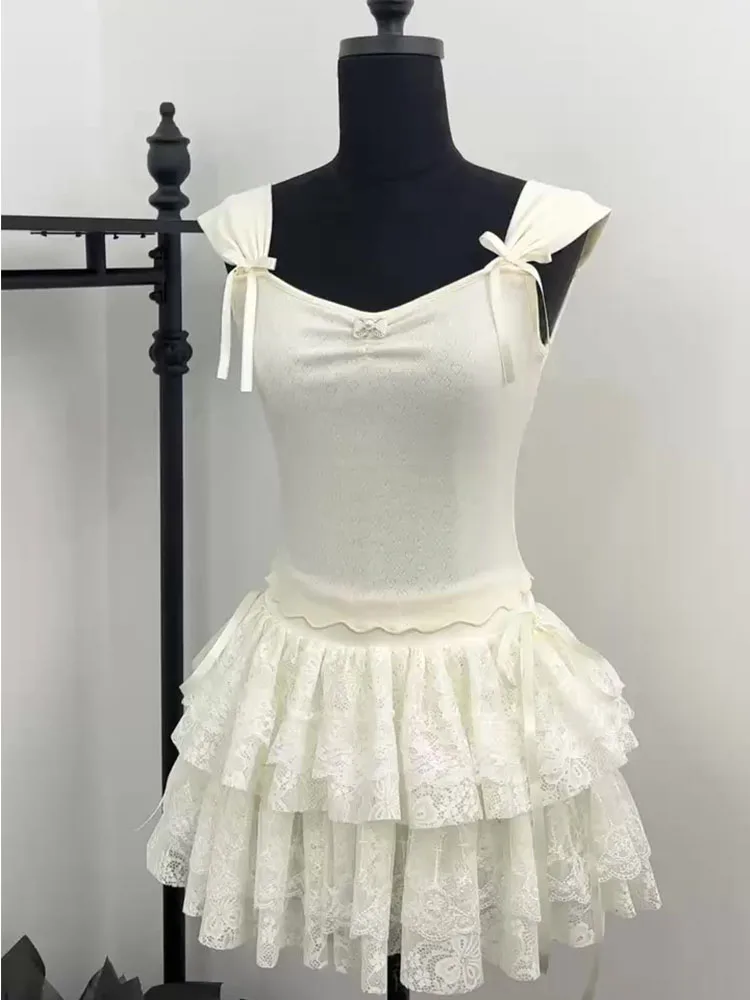 Conjunto de 2 piezas formado por Top sin mangas y minifalda de encaje, Traje de Ballet, estilo Mori Girl, año 2000