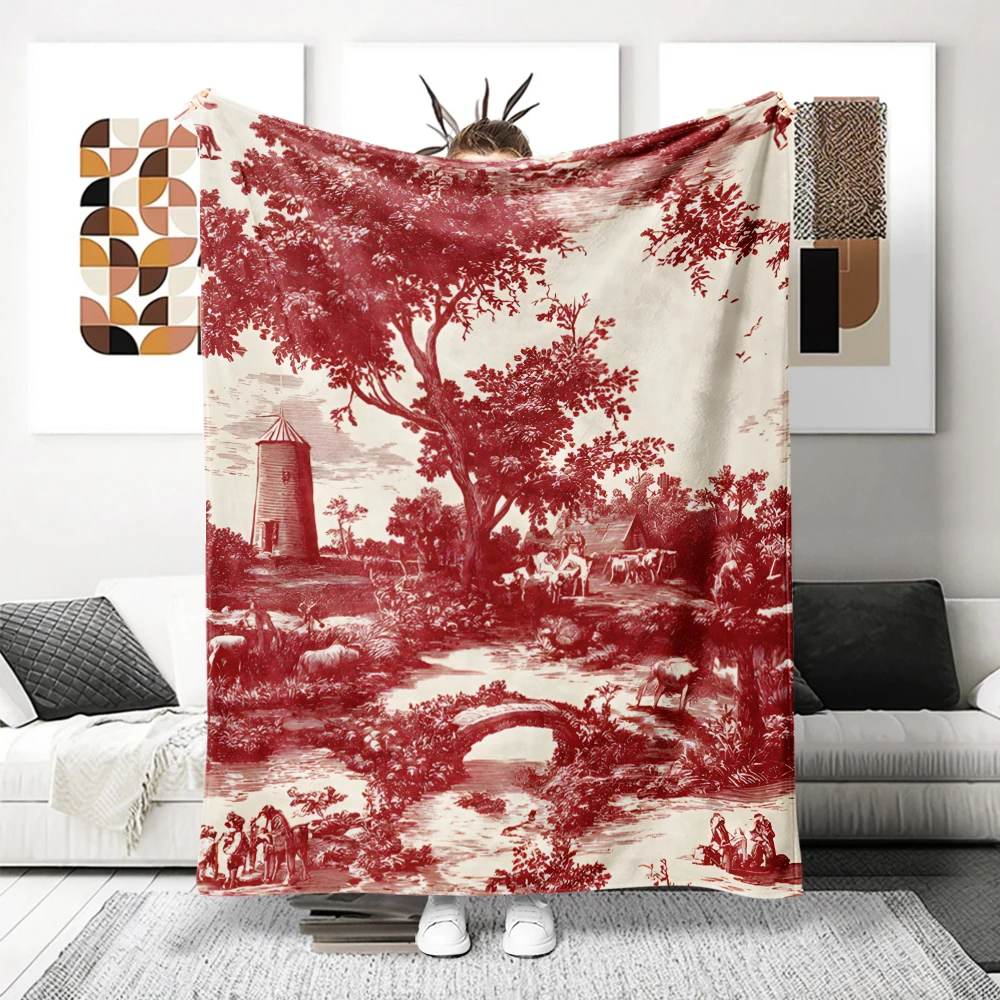 Burgundy Countryside Toile Flannel Blanket Warm Soft Halloween Christmas Decorative Couch Warm Cozy All-Season Gift