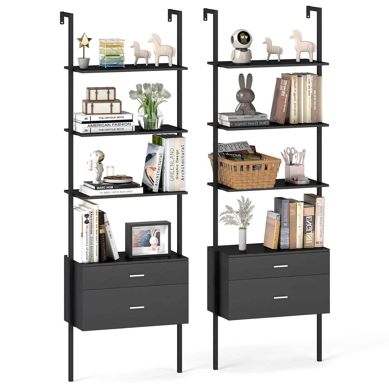 Ladder Bookshelf with Storage, Wall Mount Storage Bookcase with 4 Open Shelves & 2 Drawers, Modern Display Rack, Customized