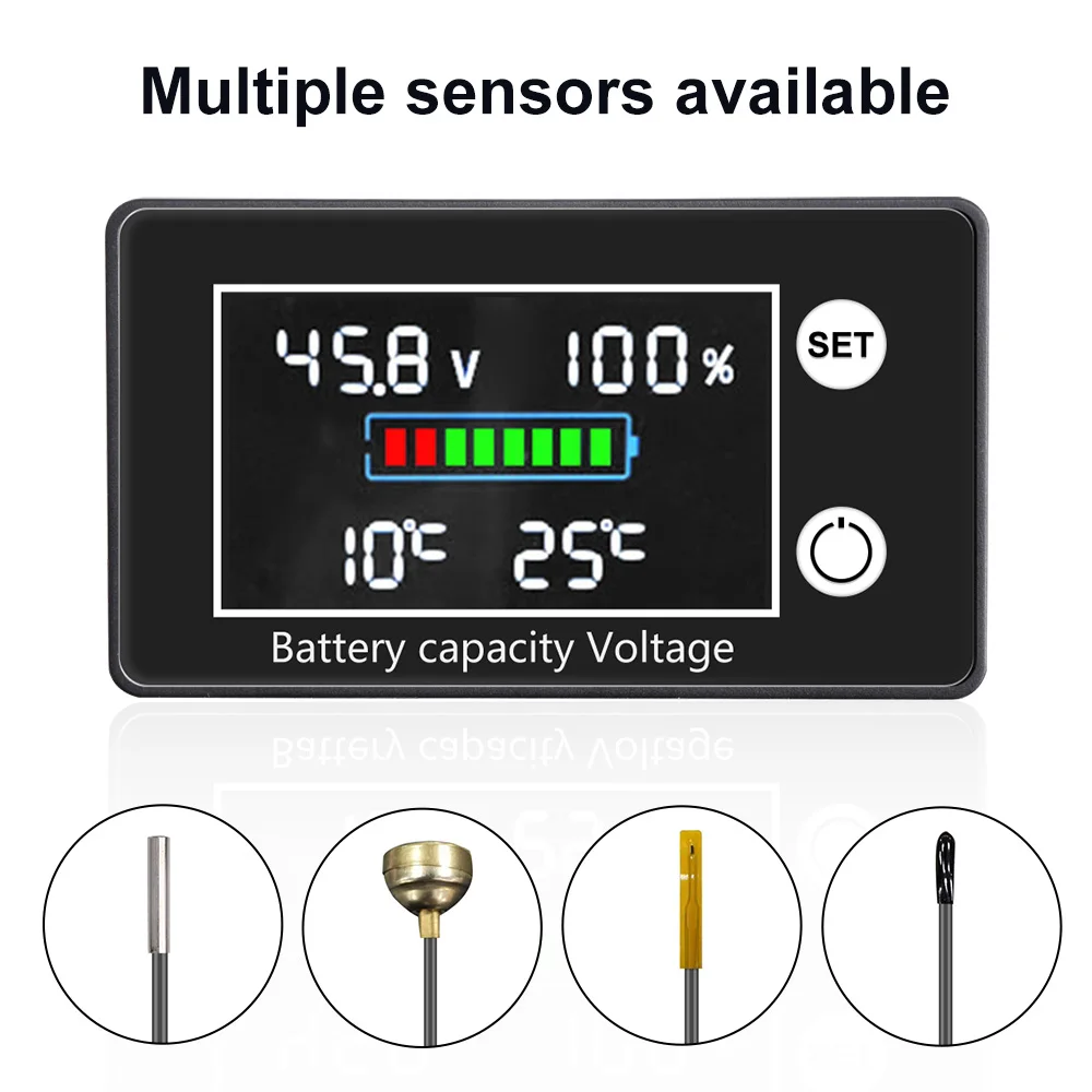 

Digital Battery Capacity Tester 10-100V Voltage Temperature Monitor Gauge for RV Marine Lithium Lead Acid LiFePO4 Battery
