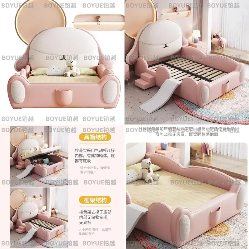 Kids Solid Wood Bed with Storage Pink Rabbit Slide Single Bed Guardrail Modern Simple Design Lamb Wool Soft Touch Bedroom