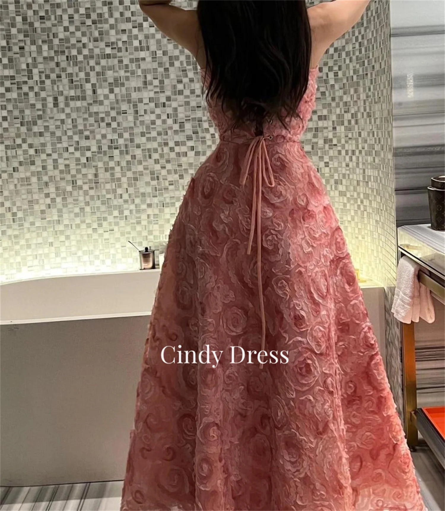 Cindy-vestido De Gala con flores en 3D para mujer, traje Formal De boda, línea A, rosa, 2024