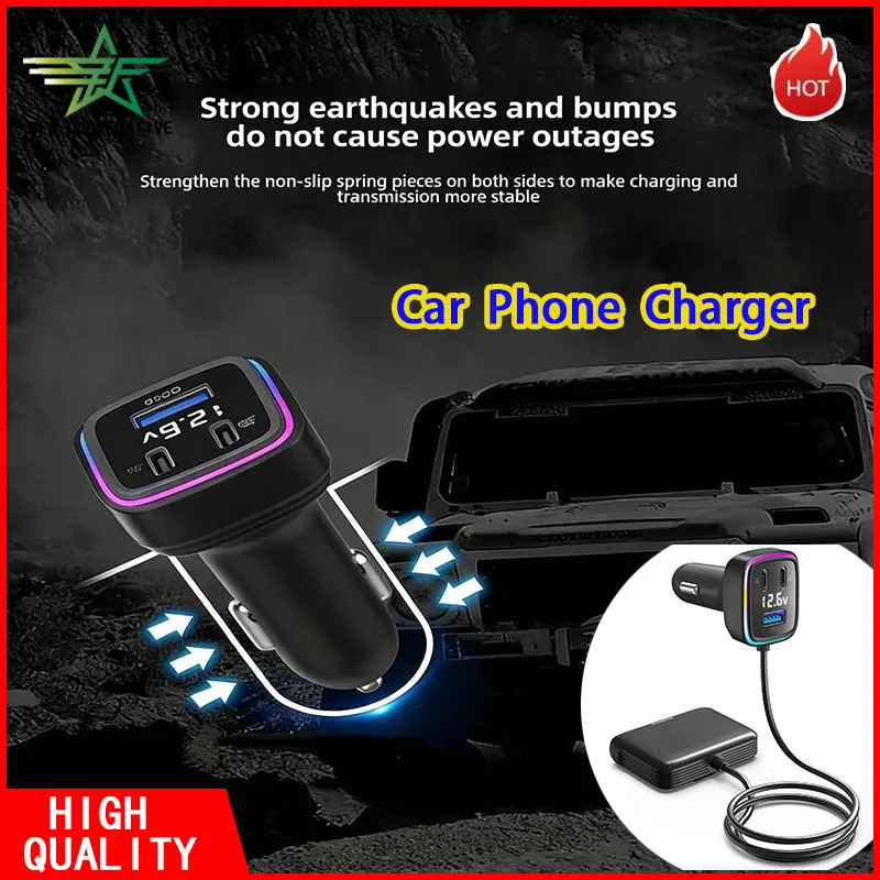 Colorful Ambient Light Car Phone Charger with Voltage Display, Super Fast PD 35W Charging & Built-in Retractable Extension Cable
