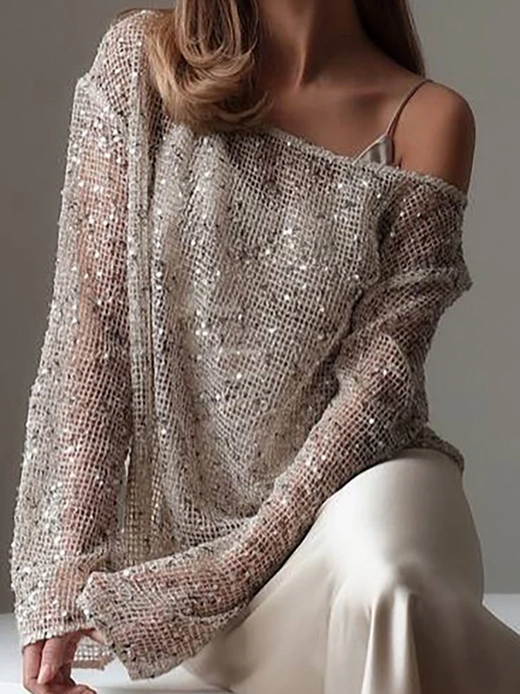 

Elegant Sparkling Sequins Club Party Blouses Fashion O-neck Hollow Pullover Tops Women's Casual Long Sleeve Loose Solid Shirts
