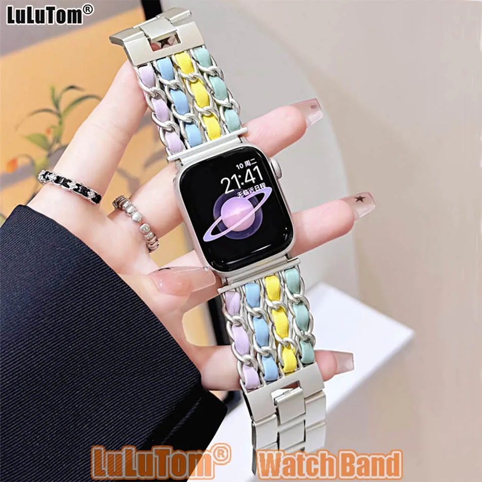 سوار أنيق فاخر لساعة Apple Watch 10 9 8 7 6 5 4 3 2 SE Ultra Band 38 مم 40 مم 41 مم 42 مم 44 مم 45 مم 46 مم 49 مم أساور جلدية مضفرة معدنية للنساء